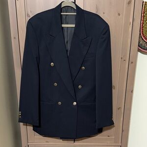 VINTAGE Cigliano gabardine pure virgin wool blazer double button navy jacket